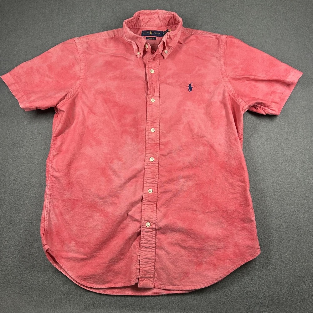 Ralph Lauren Shirt Mens Medium Red Marbled SS Button Down Classic Fit Pony